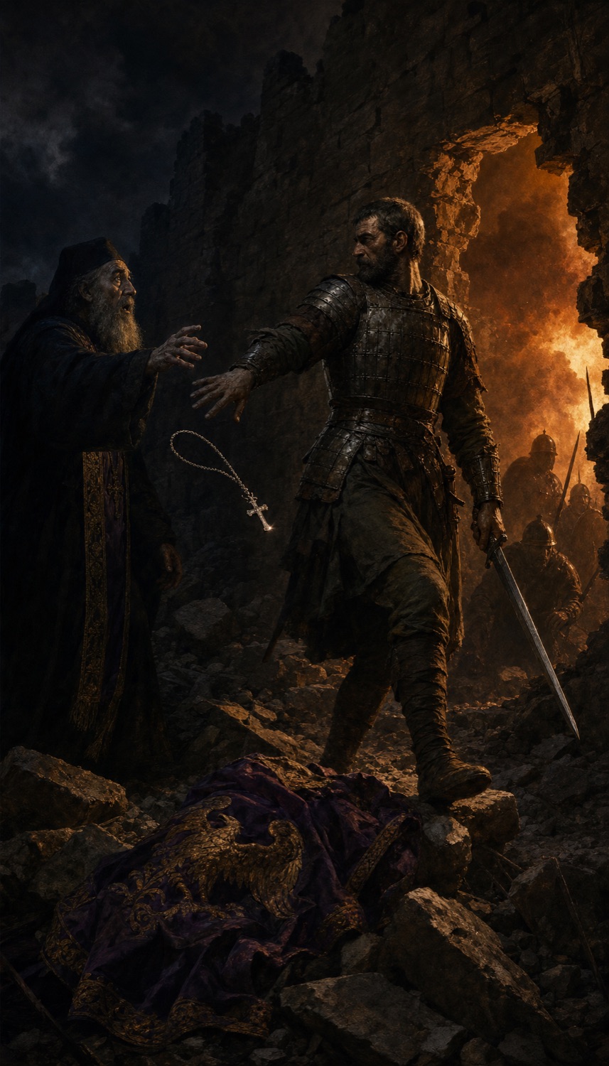 A figure on the breaking walls of Constantinople, a hand reaching toward him through the firelight